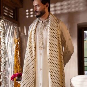 Cream Kurta with Gold Embroidery and Polka Dot Scarf